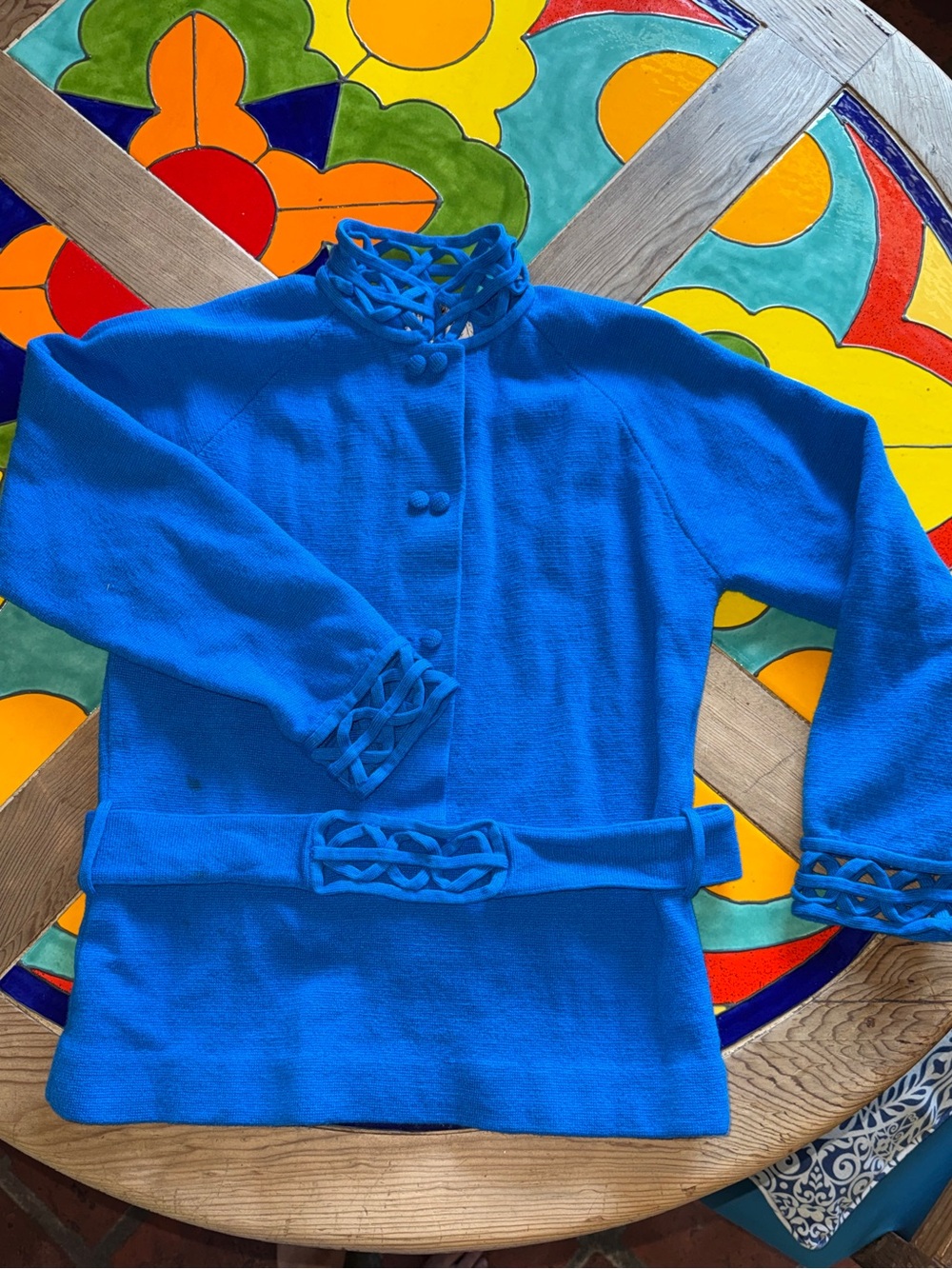 Vintage Cadillac Venezia Cobalt blue wool knit sweater top lattice work & belt